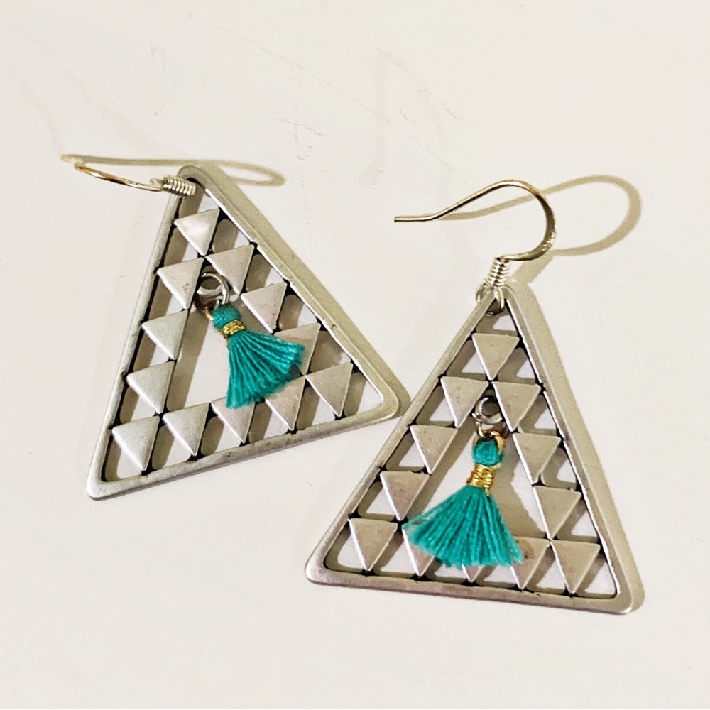 New - Silver-Tone Triangle Earrings with TEAL Tassel